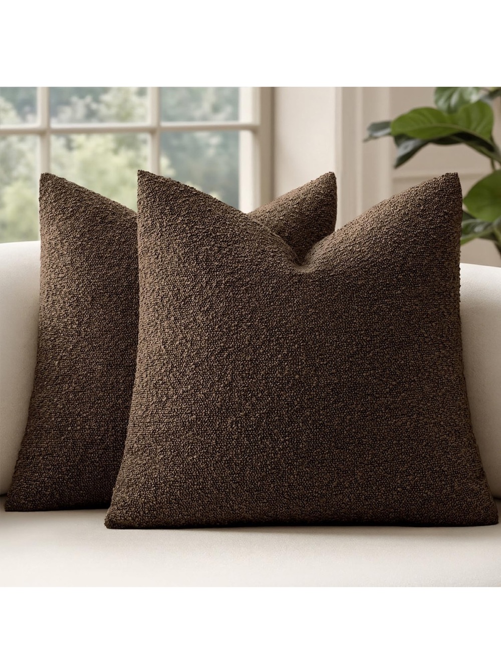 Set of 2 Textured Bouclé Throw Pillows in Dark Brown